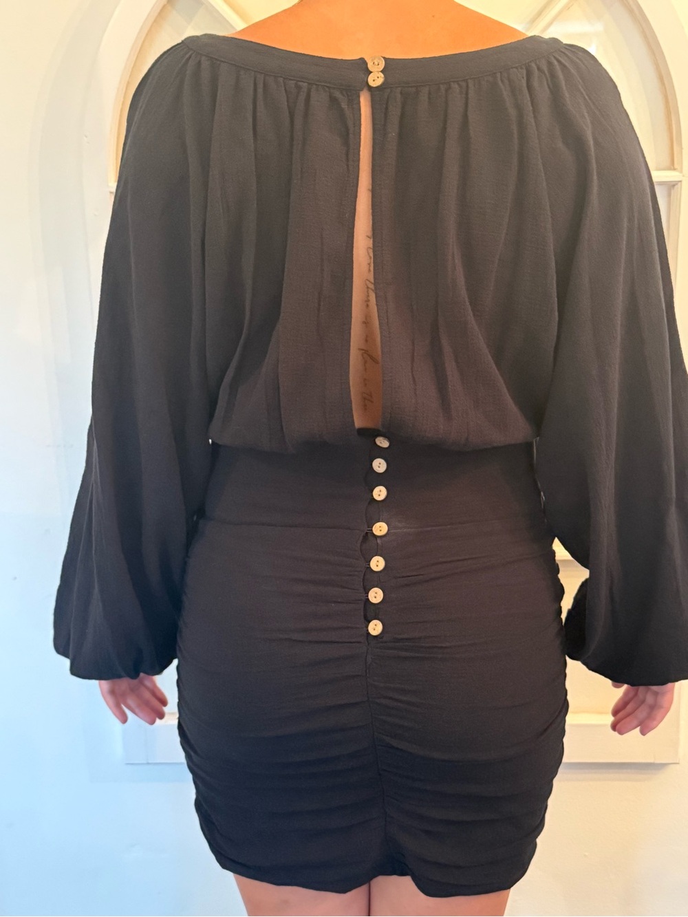 Free People Black Ruched Button-Front “Keep You” Mini Dress Long Sleeve bohochic